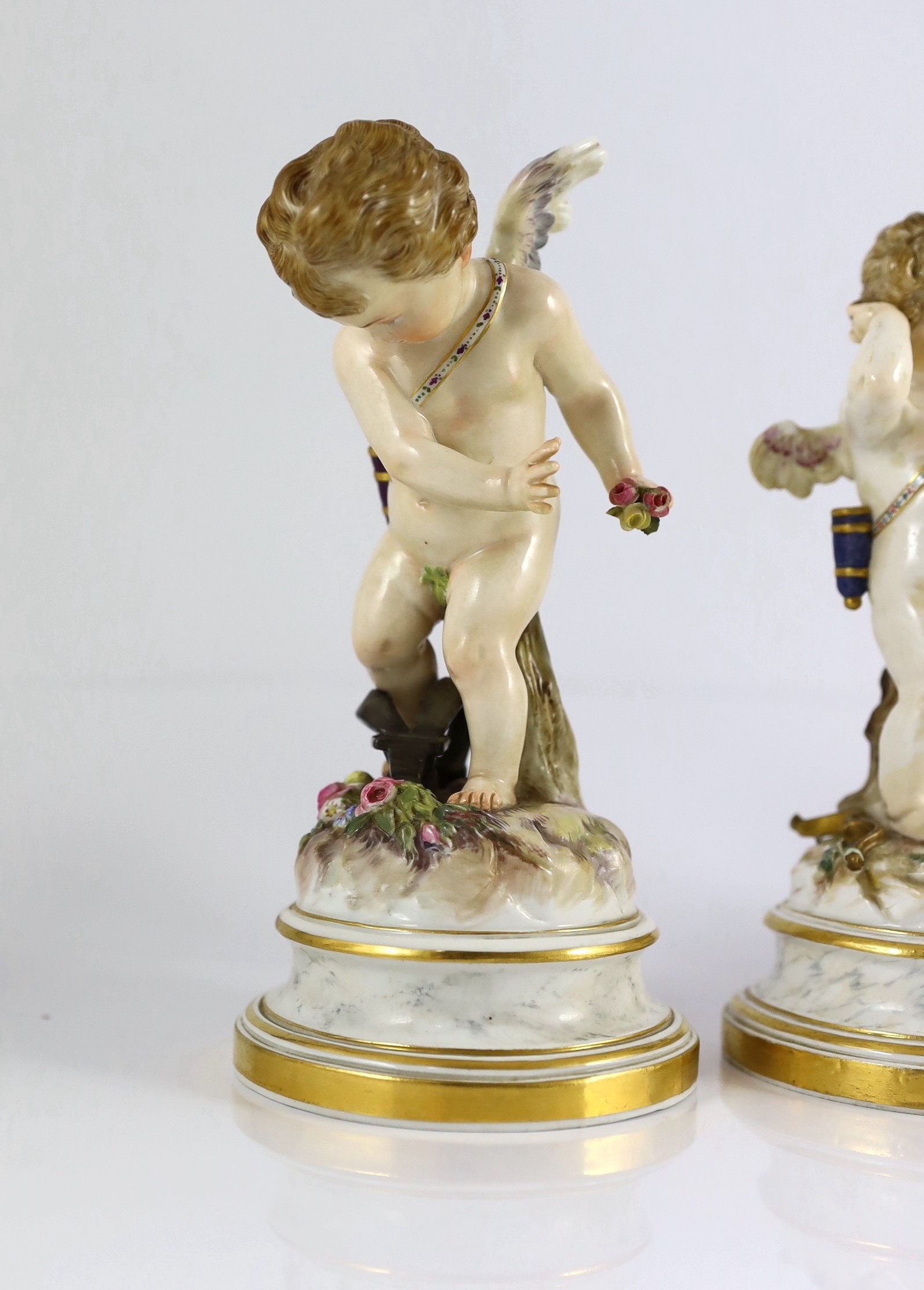 A series of five Meissen porcelain figures of Cupid, late 19th century, modelled by Heinrich Schwabe, 15.5cm - 20cm high, perplexed Cupid restored, Provenance - purchased from Winifred Williams, Eastbourne/London before